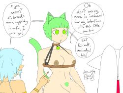 bare_breasts blue_hair breasts cat_ears cat_girl cat_tail collar dialogue drool empty_eyes erect_nipples expressionless eyebrows_visible_through_hair female_only femdom femsub gin_(sobergin) green_eyes green_hair harpy_girl hypnotic_accessory long_hair multiple_doms multiple_girls nipples nude open_mouth original pubic_hair pussy short_hair signature sitting sobergin speech_bubble straight-cut_bangs text thighs twintails vampire white_hair