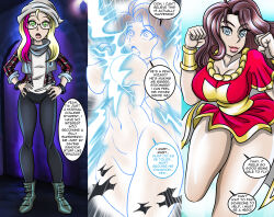  absurdres bare_legs before_and_after blonde_hair bottomless breasts brown_hair cleavage comic dc_comics female_only femsub glasses gradient_text heroifcation large_breasts looking_at_viewer magic mary_marvel multicolored_hair nude open_mouth original purification super_hero text topless transformation western zorro-zero 