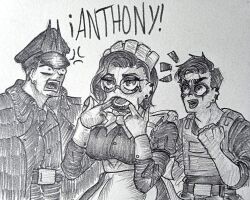 accidental_hypnosis armor belt bow coat dogboy_187 earrings femsub glasses grey_background greyscale hat headdress ivanov_gromov_(dogboy187) maid maid_headdress maria_(dogboy187) michael_anthony(dogboy187) milf monochrome multiple_boys original simple_background spanish_text tattoo text traditional unaware