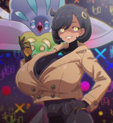 black_hair bodysuit breasts emma_(pokemon) femsub glowing_eyes happy_trance hitokiwa huge_breasts malamar mega_malamar nintendo pokemon pokemon_(creature) pokemon_legends_z-a short_hair smile tight_clothing yellow_eyes
