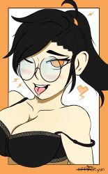 black_hair blue_eyes blush cutie_(offlineapril) drool empty_eyes female_only long_hair offlineapril open_mouth original ponytail signature smile tech_control tongue tongue_out underwear