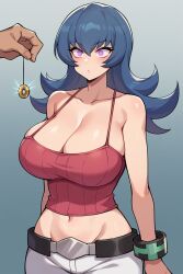 ai_art bangs belt blue_hair blush bracelet breasts cleavage collarbone expressionless eyebrows_visible_through_hair eyelashes female_only femsub huge_breasts large_breasts long_hair midriff navel nintendo pale_skin pants pendulum pink_eyes pokemon pokemon_heartgold_and_soulsilver sabrina solo spiral_eyes standing standing_at_attention tank_top