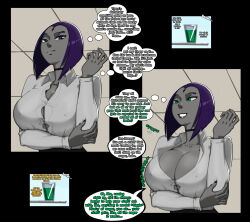 bimbofication breast_expansion breasts cleavage dc_comics dialogue drugs female_only femsub grey_skin large_breasts maledom manip morganagod purple_hair raven short_hair super_hero teen_titans text tiechonortheal_(manipper) unaware western