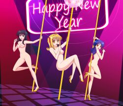  absurdres bottomless breasts empty_eyes erect_nipples femsub hanon_hosho happy_trance high_heels jimryu large_breasts lucia_nanami mermaid_melody_pichi_pichi_pitch microphone nude pole_dancing rina_toin text topless 