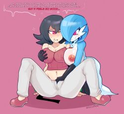  black_hair blue_hair breast_grab breasts clothed collarbone crop_top dialogue drool erect_nipples_under_clothes erocoffee female_only femdom femsub fingering from_behind gardevoir gloves glowing_eyes groping hair_covering_one_eye huge_breasts kneeling light_skin midriff navel nintendo nipples nude one_eye_open opera_gloves pants pink_eyes pokemon pokemon_heartgold_and_soulsilver psychic sabrina shoes signature simple_background sitting smile speech_bubble spread_legs sweat tank_top text topless white_skin 