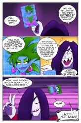 black_hair blue_skin comic dialogue earrings gacha_gotcha gloves goth green_hair hair_covering_one_eye kobi94 leotard long_hair rift_(gacha_gotcha) sharp_teeth snip_(gacha_gotcha) speech_bubble text