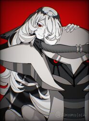  alternate_costume amomo1012 black_sclera blush clothed cynthia eye_color_change femsub giratina hair_covering_one_eye hug long_hair looking_at_viewer monochrome nintendo pokemon pokemon_(creature) pokemon_diamond_pearl_and_platinum possession red_background red_eyes simple_background smile tagme 