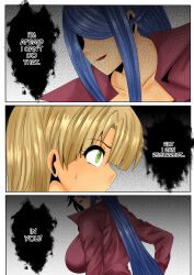  asia_argento blonde_hair blue_hair comic dialogue english_text green_eyes high_school_dxd kalawarner long_hair speech_bubble sweat tagme text tuksoil 