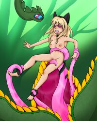 barefoot blonde_hair bottomless breasts cat_girl clitoris_piercing collar fake_animal_ears feet female_only femsub hypnotic_eyes hypnotic_plant kaa_eyes large_breasts long_hair nipple_piercing nude open_mouth original piercing plant sugar-slime tail tentacles topless