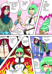  all_fours bella_(mizustyle) blush bow clothed comic demon demon_girl drool empty_eyes english_text eyebrows_visible_through_hair eyelashes femdom femsub green_hair hair_ribbon ice_cream long_hair malesub mizustyle one_eye_open open_mouth original panting pet_play randall_(mizustyle) red_eyes red_hair sharp_teeth short_hair simple_background sparkle speech_bubble spiral spiral_eyes steam text thought_bubble tie tongue tongue_out yellow_eyes 