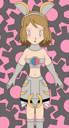 alternate_costume brown_hair clothed cosplay empty_eyes female_only femsub liquidphazon magearna nintendo pokemon pokemon_x_and_y serena short_hair solo standing standing_at_attention symbol_in_eyes 