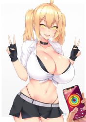 ahoge altered_common_sense belted_skirt blonde_hair blush bra breasts cell_phone character_request collar double_v exposed_chest femsub fingerless_gloves glowing_eyes hair_ornament happy_trance huge_breasts hypnotic_app kuavera large_hips long_hair looking_at_viewer manip misterman4_(manipper) open_mouth original saaya_(kirome) skirt spiral_eyes tagme tech_control tomboy twintails v 