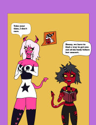  absurdres bare_shoulders black_eyes black_hair book breasts cleavage clothed demon_girl dialogue english_text femsub helluva_boss heterosexual horns husband_and_wife imp kanzaki134 long_hair maledom midriff millie_(helluva_boss) moxxie_(helluva_boss) multicolored_eyes navel pink_eyes pink_skin possession red_skin speech_bubble tail text thighhighs verosika_mayday white_hair yellow_sclera 