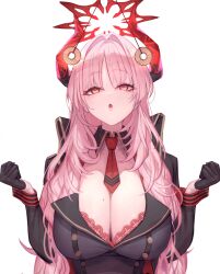  absurdres bangs blue_archive blush breasts cleavage coin expressionless female_only femsub gloves halo horns huge_breasts moco_28 mole open_mouth pendulum pink_hair red_eyes satsuki_(blue_archive) simple_background solo spiral_eyes tie very_long_hair white_background 