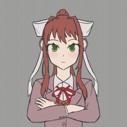  animated animated_gif breasts brown_hair doki_doki_literature_club empty_eyes expressionless female_only femsub glowing glowing_eyes green_eyes long_hair monika open_mouth pov pov_dom resisting school_uniform smile text zires 