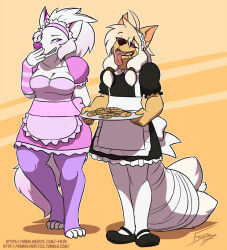  ahoge apron arm_warmers blonde_hair blush cleavage clothed collarbone cookies eyebrows_visible_through_hair fangs femdom furry happy_trance heavy_eyelids kitsune_boy laughing leggings long_hair maid maid_headdress malificus non-binary non-binary_sub non-human_feet open_mouth original otngue pink_eyes sharp_teeth shoes signature simple_background smile smug thighhighs tongue tongue_out tray white_hair white_skin wolf_girl yuuki_shishome 