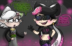  bonnie_gumball callie_(splatoon) corruption cousins earrings female_only femsub gloves hypnoshades hypnotic_accessory inkling jewelry kimono marie_(splatoon) mole monster_girl nintendo short_shorts splatoon splatoon_2 spoilers squid_sisters tank_top tattoo tech_control tentacles text tights twintails 
