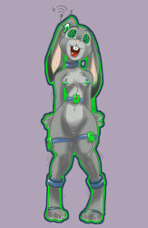  ahegao antenna barefoot bastianmage bottomless brain_drain breasts collar crossed_eyes disney earpiece feet female_only femsub furry glowing happy_trance hypnotic_accessory judy_hopps kaa_eyes knees_together non-human_feet nude open_mouth paws sex_toy simple_background solo standing standing_at_attention tech_control tongue tongue_out topless vibrator zootopia 