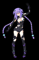  bezunamin blood blush braid breasts hyperdimension_neptunia long_hair neptune_(hyperdimension_neptunia) purple_hair purple_heart thighhighs torn_clothes twintails wounds 