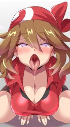  all_fours blush breasts brown_hair cleavage drool female_only femsub glowing glowing_eyes icontrol_(manipper) konno_tohiro large_breasts manip may nintendo open_mouth pokemon pokemon_ruby_sapphire_and_emerald short_hair solo spiral_eyes symbol_in_eyes tongue tongue_out 