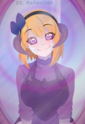 bow disguised_hypnotist dragon_girl dreah_(oc) hair_band happy_trance horns hypnovember mirror orange_hair original reflection ring_eyes scales self_hypnosis standing tagme tail