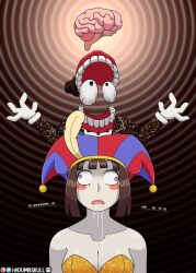  bare_shoulders blush brain brain_drain brain_removal brown_hair caine_(the_amazing_digital_circus) cleavage clothed collarbone dancer drool dumbskull external_brain femsub large_breasts leotard maledom pomni spiral_eyes tagme the_amazing_digital_circus wall_eyed 