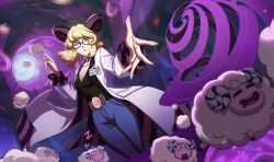 blonde_hair doc_yang expressionless extraordinary_ones female_only glasses horns hypnotic_orb jeans sheep_girl short_hair sleeping spiral_eyes symbol_in_eyes