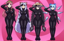 beret black_hair blue_eyes blue_hair bodysuit braid bubble catsuit character_request cirno female_only femsub fujiwara_no_mokou hair_ribbon happy_trance hat hong_meiling large_breasts long_hair maggotmike muscle_girl narumi_yatadera pink_hair red_eyes saluting short_hair small_breasts sparkle spiral_background spiral_eyes standing thick_thighs touhou very_long_hair white_hair