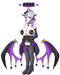  absurdres amahoshi219 bare_shoulders blue_archive choker cleavage collar corset crossover crotch_cutout earrings empty_eyes evil_smile eyeshadow futanari futasub gloves halo high_heels hina_(blue_archive) horns jewelry kuromaru large_breasts living_costume looking_at_viewer m.u.g.e.n. makeup multicolored_hair navel opera_gloves pad_lock pantyhose pasties possession purple_eyes purple_hair ribbon shoes simple_background skirt smile standing tied_hair white_background white_hair wings 