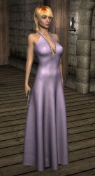 3d bare_shoulders blonde_hair breasts cleavage collarbone dress erect_nipples expressionless female_only femsub godiva_priestley gun huge_breasts member9 necklace open_mouth original short_hair solo standing standing_at_attention