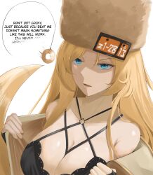 angry blonde_hair blue_eyes breasts cleavage coin dialogue english_text eroborne femsub guilty_gear hat instant_loss looking_at_viewer millia_rage pendulum speech_bubble text undressing very_long_hair
