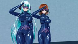 3d blue_hair bodysuit breasts brown_hair crotch_tattoo custom_maid_3d_2 erect_nipples_under_clothes hanon_(tiger_u_r) large_breasts latex long_hair remilinlin rubber saluting short_hair standing standing_at_attention tattoo tech_control thick_thighs visor 