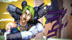  3d amateurthrowaway animated animated_gif brain_injection breasts clothed femsub green_eyes jojo&#039;s_bizarre_adventure jolyne_kujoh large_breasts light_skin lipstick open_mouth source_filmmaker text tongue tongue_out whitesnake_(stand) 