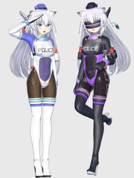  3d animal_ears arm_bands bangs barcode before_and_after blue_eyes bodysuit boots cat_ears cat_girl collar crotch_tattoo female_only femsub garter gloves hat high_heels leotard open_mouth original policewoman saluting simple_background standing tech_control text thigh_boots thighhighs visor vrchat white_background white_hair zefutefu 