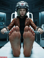  3d barefoot blonde_hair bondage dirty_feet drswirlyspirals eye_roll feet femsub foot_focus grace_ashcroft helmet jacket open_mouth resident_evil restrained solo tech_control 
