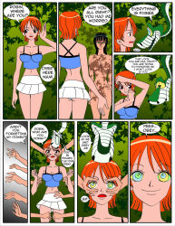 bare_shoulders black_hair bottomless breasts cleavage coils comic disney femsub happy_trance hypnotic_eyes jimryu kaa kaa_eyes large_breasts long_hair nami_(one_piece) navel nico_robin nude one_piece orange_hair red_hair short_hair snake standing standing_at_attention text the_jungle_book topless underwear