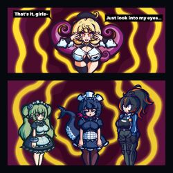 bent_over blonde_hair empty_eyes english_text expressionless female_only femdom femsub hat heavy_eyelids hypnotic_eyes long_hair maid maid_headdress multicolored_hair multiple_girls multiple_subs open_mouth policewoman ponytail shark_girl short_hair smushdrop spiral spiral_eyes standing symbol_in_eyes tagme text