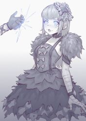  bracelet clothed collar dress expressionless femsub finger_snap fire_emblem fire_emblem_engage flower_in_hair gloves glowing_eyes gmun gradient_background greyscale nintendo panette_(fire_emblem) scars simple_background standing suspenders tagme 