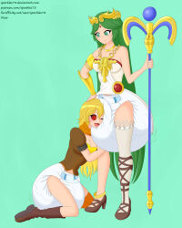 blush bottomless breasts diaper femdom femsub gladiator_sandals happy_trance high_heels kid_icarus large_breasts nintendo open_mouth palutena rwby sparkles73 spiral_eyes staff symbol_in_eyes thighhighs tongue yang_xiao_long
