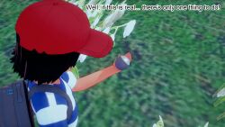 ash_ketchum aware backpack black_hair clothed dialogue male_only mustardsauce orange_eyes outdoors pokemon pokemon_(anime) solo text 