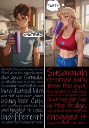  accidental_hypnosis ai_art bangs blonde_hair blue_eyes collar comic dog_girl dog_pose gym_uniform leash pet_play sculptortusk tagme text transformation 