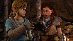 3d 3dhentaihero aloy_(horizon_zero_dawn) breasts breath_of_the_wild clothed drool elf_ears empty_eyes eye_roll femsub horizon_zero_dawn large_breasts link long_hair maledom nintendo open_mouth short_hair smile the_legend_of_zelda