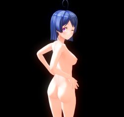  3d aoi_(hypnolordx) ass blue_hair blush bottomless breasts censored custom_maid_3d_2 drool empty_eyes femsub happy_trance hypnolordx looking_at_viewer nipples nude open_mouth original purple_eyes signature small_breasts text topless wink 