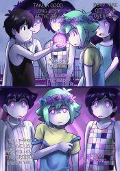  aubrey_(omori) basil_(omori) black_eyes black_hair comic cult dialogue drool english_text expressionless eye_color_change femboy femsub flower flower_crown flower_in_hair glowing_eyes green_hair heavy_eyelids hero_(omori) hypnotic_object hypnotic_orb kel_(omori) maledom malesub multiple_boys multiple_subs omori open_mouth orb pink_eyes purple_eyes purple_hair ring_background ring_eyes shrewdman sunny_(omori) tagme text undressing white_skin 