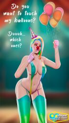 3d alternate_hair_color ashe_(overwatch) balloon blender brain_drain clown clown_girl clownification crossed_eyes dialogue drool earrings female_only femsub finger_to_mouth fingerless_gloves garter_straps gloves hat large_breasts large_hips lipstick makeup navel overwatch pink_eyes pink_lipstick rainbow_hair short_hair signature sling_bikini solo supercasket text