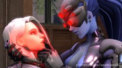  3d animated animated_gif ashe_(overwatch) breasts clothed cowgirl dazed female_only femdom femsub finger_in_mouth finger_to_mouth hypnotic_eyes large_breasts long_hair open_mouth overwatch seamless short_hair smile source_filmmaker tech_control widowmaker yuri 