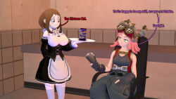  3d bare_shoulders bow brown_hair dress female_only femdom femsub goggles goggles_on_head grey_eyes maid mei_hatsume my_hero_academia ochaco_uraraka pikachugamer52 pink_hair red_eyes remote_control short_hair sitting smile source_filmmaker standing tech_control text thighhighs tray 