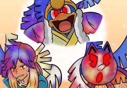  alternate_color_scheme alternate_hair_color angry aura breath_of_the_wild coat corruption crossover elf_ears galeem glowing glowing_eyes king_dedede kiravera8 kirby_(series) link looking_at_viewer malesub multicolored_hair multiple_subs namco nintendo open_mouth pac-man pac-man_(series) possession red_eyes super_smash_bros. sweat the_legend_of_zelda unhappy_trance watermark wings 
