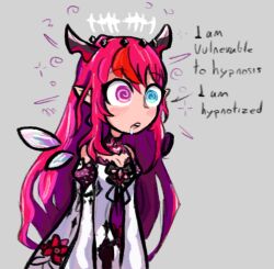 blue_eyes cleavage dress drool elf_ears female_only femsub grey_background heterochromia hololive hololive_english horns irys_(hololive) leaning_forward open_mouth original pink_eyes red_hair simple_background skecchyartist spiral spiral_eyes text wings