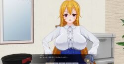  3d before_and_after blonde_hair breasts custom_maid_3d_2 dialogue female_only hidoi_koto_suru_man huge_breasts japanese_text large_breasts long_hair looking_at_viewer open_mouth purple_eyes shirt solo standing text translation_request 
